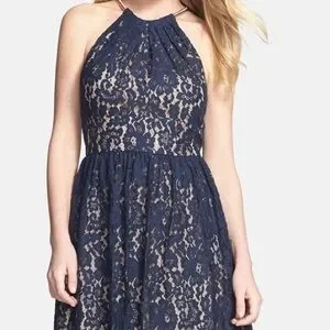 Eliza J | Dresses | Eliza J Gold Halter Nude Blue Lace Party Dress |  Poshmark